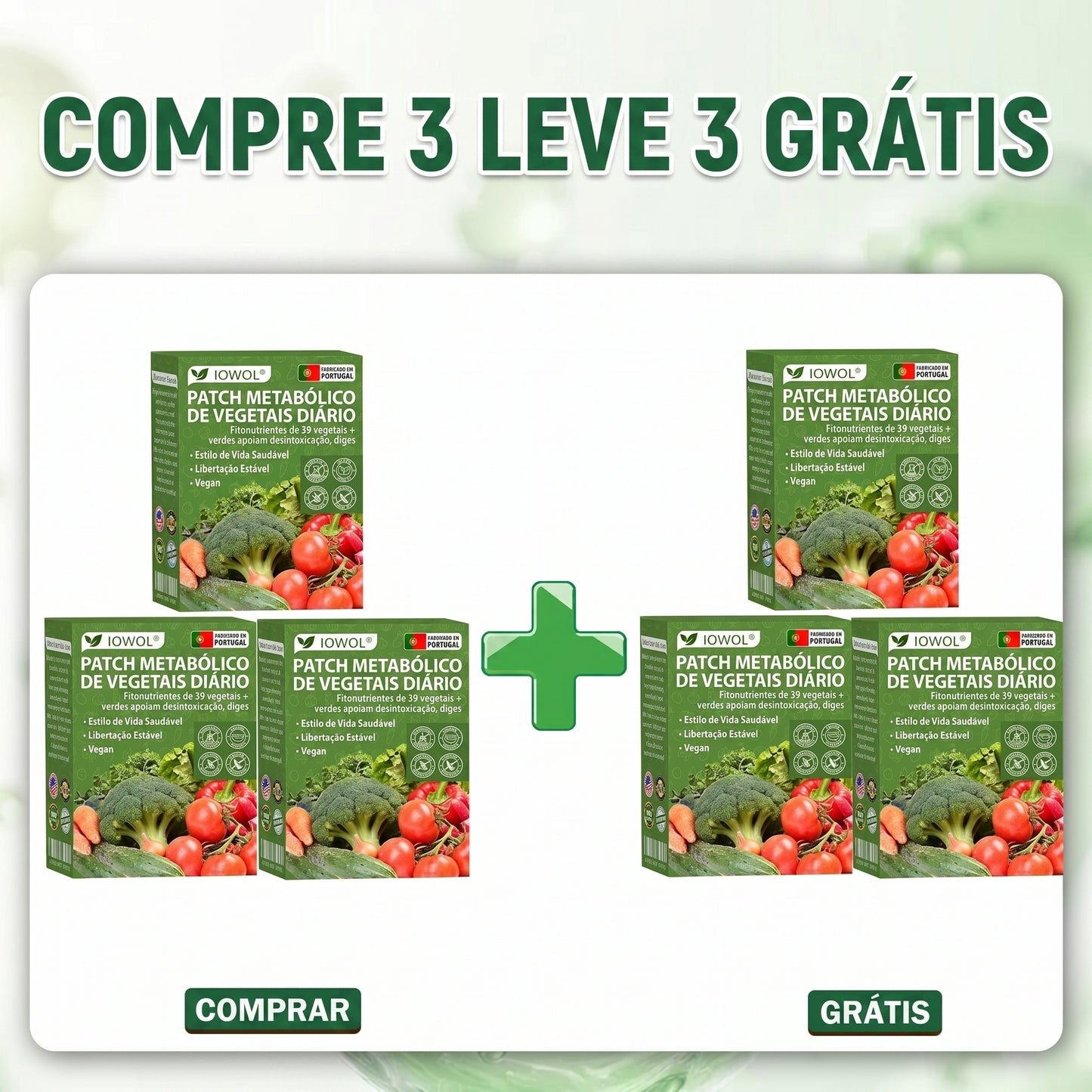 🥦 Loja Oficial | IOWOL® Patch Metabólico de Vegetais DiárioReúne extratos orgânicos e fitonutrientes de 39 vegetais e plantas verdes.Auxilia a desintoxicação, digestão e reinício metabólico, além de elevar a energia e o bem-estar diário.
