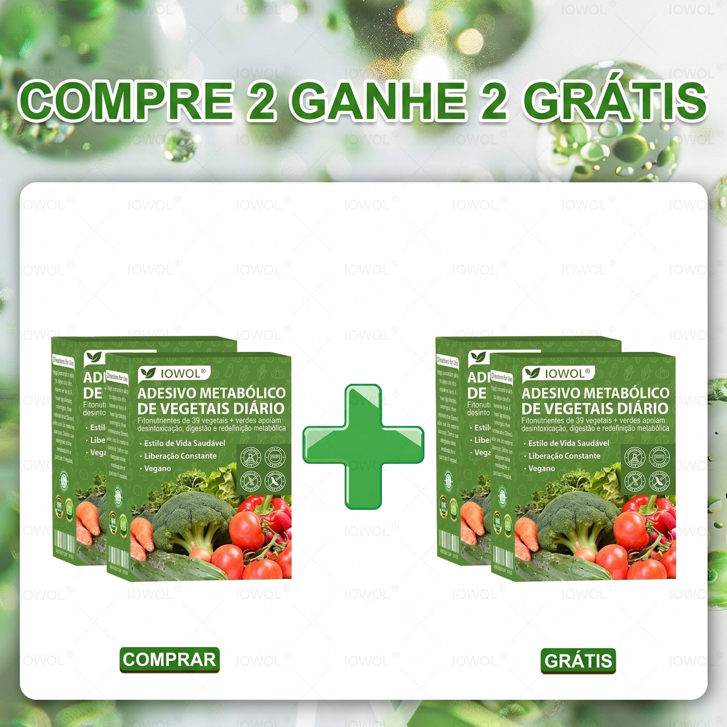 🥦 Loja Oficial | IOWOL® Patch Metabólico de Vegetais DiárioReúne extratos orgânicos e fitonutrientes de 39 vegetais e plantas verdes.Auxilia a desintoxicação, digestão e reinício metabólico, além de elevar a energia e o bem-estar diário.