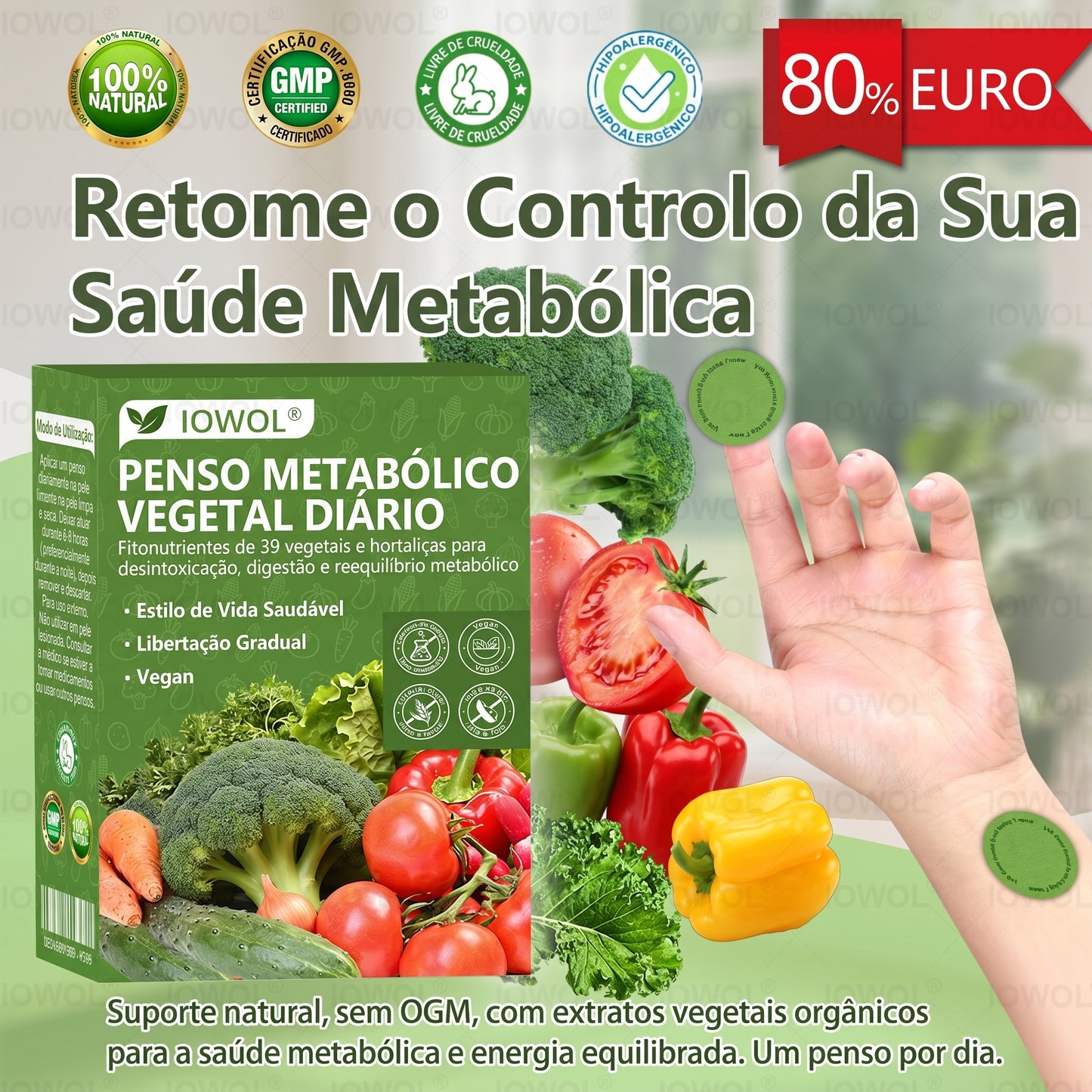 🥦 Loja Oficial | IOWOL® Patch Metabólico de Vegetais DiárioReúne extratos orgânicos e fitonutrientes de 39 vegetais e plantas verdes.Auxilia a desintoxicação, digestão e reinício metabólico, além de elevar a energia e o bem-estar diário.