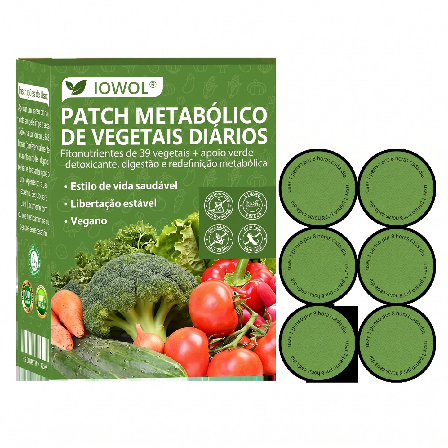 🥦 Loja Oficial | IOWOL® Patch Metabólico de Vegetais DiárioReúne extratos orgânicos e fitonutrientes de 39 vegetais e plantas verdes.Auxilia a desintoxicação, digestão e reinício metabólico, além de elevar a energia e o bem-estar diário.